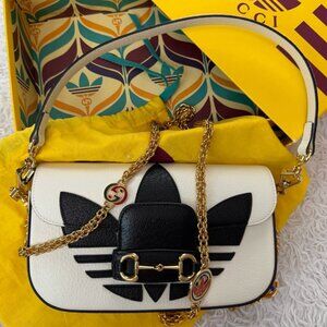 GUCCI X ADIDAS Textured Dollar Calfskin Web Trefoil Horsebit 1955 Shoulder Bag i